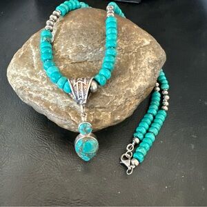 Mohave Turquoise Beaded Necklace with Sterling Silver 20” 19720